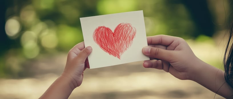 Emotional Value Concept. Two hands hold a card with a red heart drawing, symbolizing love and connection in a natural setting. photo