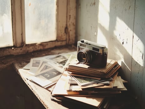 Emotional Value Concept. A vintage camera sits atop a stack of old photographs near a sunlit window, creating a nostalgic atmosphere. photo