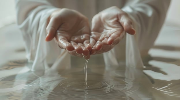Jesus Christ, hands in water, in a white robe, christian concept, art photo