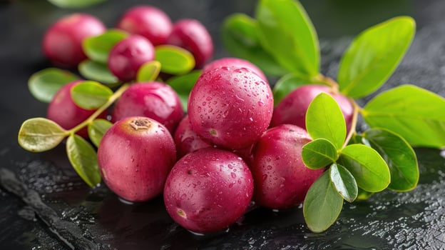 Fresh, dewy red fruits with green leaves on a dark surface, showcasing natural beauty. photo