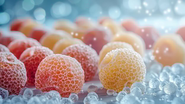 Colorful, frosted fruit balls with droplets, creating a refreshing, vibrant visual effect. photo