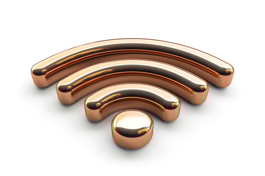 Stylized metallic Wi-Fi signal icon in a polished copper finish, symbolizing strong connectivity. photo