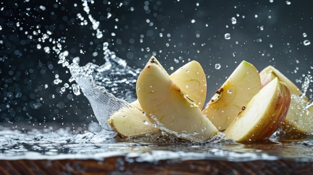 Fresh apple slices splashing into water, highlighting freshness and vitality. photo