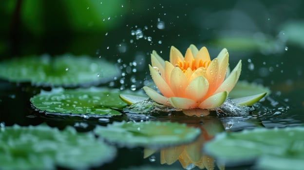 A serene water lily blooms amidst raindrops on a tranquil pond. photo