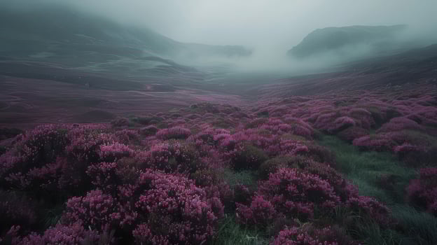 A misty landscape filled with vibrant purple heather under soft, cloudy skies. photo