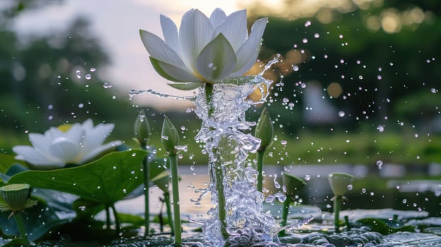 A serene lotus flower emerges from water, surrounded by splashes and greenery. photo