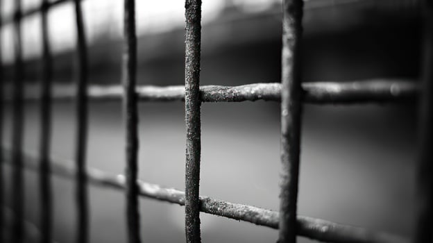 A close-up view of a metal fence, emphasizing its structure and texture in black and white. photo