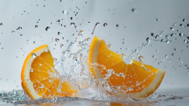 Slices of orange splashing in water, creating a refreshing and vibrant visual effect. photo