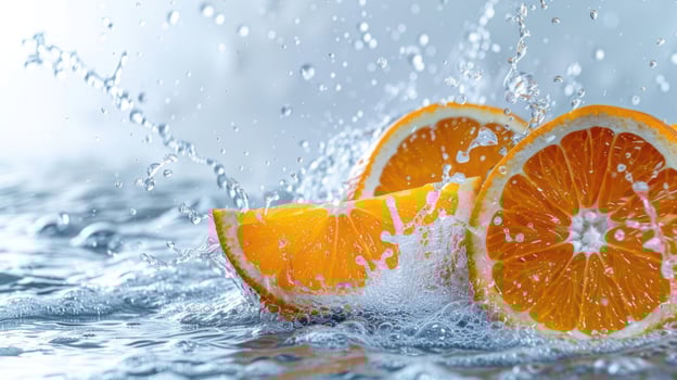 Fresh orange slices splashing in water, showcasing vibrant colors and refreshing imagery. photo