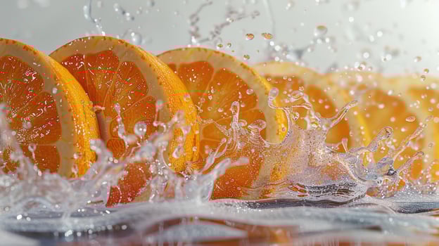 Juicy orange slices splashing in water, highlighting freshness and vibrancy. photo