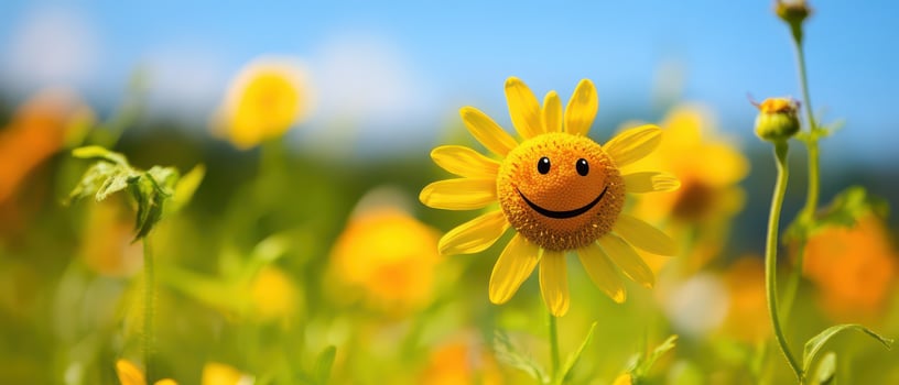 A smiling sunflower in a field of green grass photo