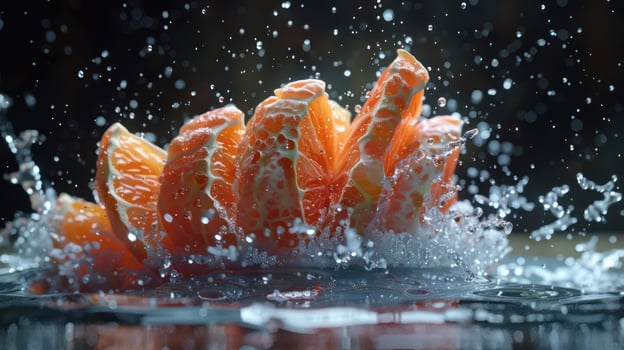 Fresh orange slices splashing in water, showcasing vibrant colors and dynamic movement. photo