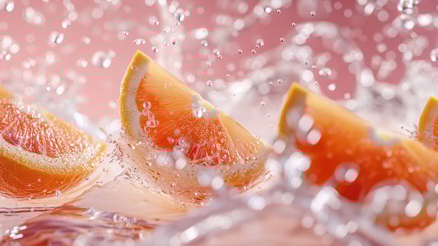 Fresh orange slices splash in water, creating a vibrant, refreshing visual. photo