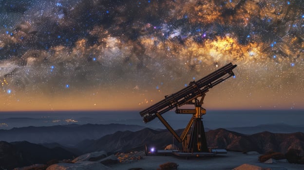A telescope observes a starry sky, showcasing the beauty of the universe. photo