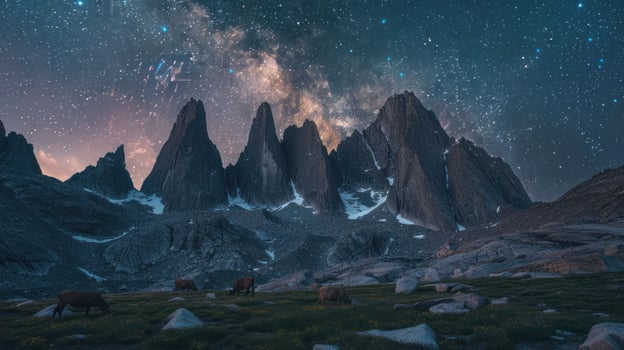 A serene landscape featuring mountains under a starry sky with grazing cows. photo
