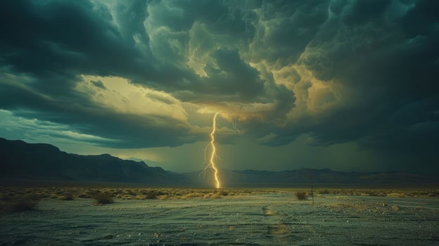 A dramatic lightning strike illuminates a stormy desert landscape under dark clouds. photo