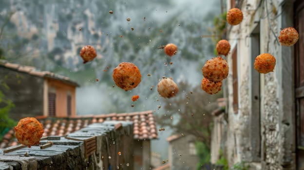 A whimsical scene of floating, textured food items in a quaint village setting. photo