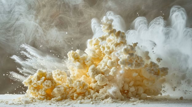 An explosion of popcorn kernels creating a cloud-like effect. photo