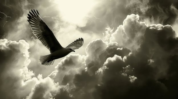 A bird soaring through dramatic clouds, symbolizing freedom and nature's beauty. photo
