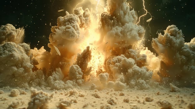 A dramatic explosion with clouds of smoke and sparks illuminating the scene. photo