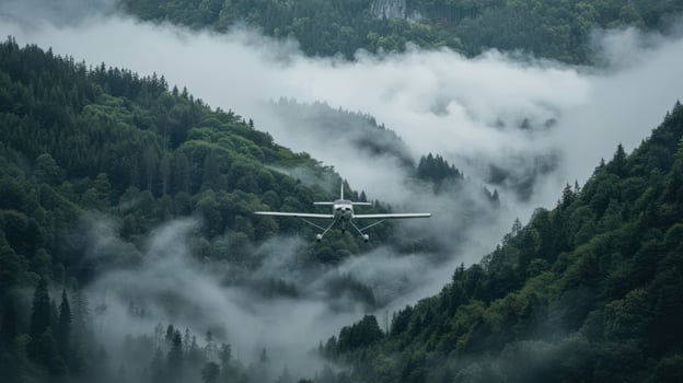 A small aircraft flying through a misty mountainous landscape surrounded by dense forests. photo