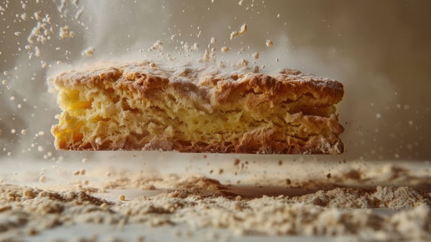A biscuit suspended in air, surrounded by flour particles, showcasing baking in action. photo