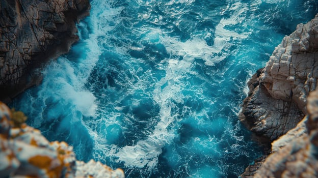 Aerial view of turbulent ocean waves crashing against rocky cliffs. photo