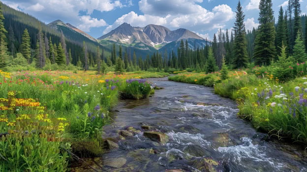 A serene mountain landscape with a flowing stream and vibrant wildflowers under a blue sky. photo