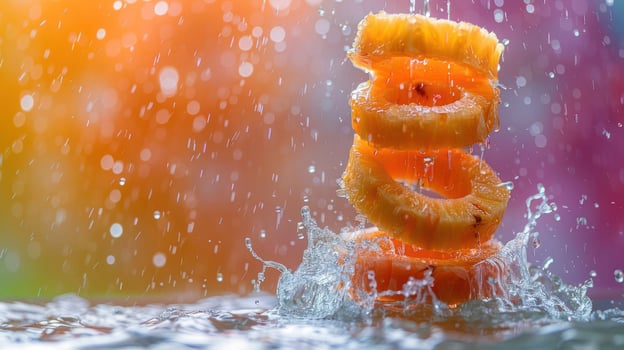 Slices of pineapple are stacked and splashing in water against a colorful background. photo
