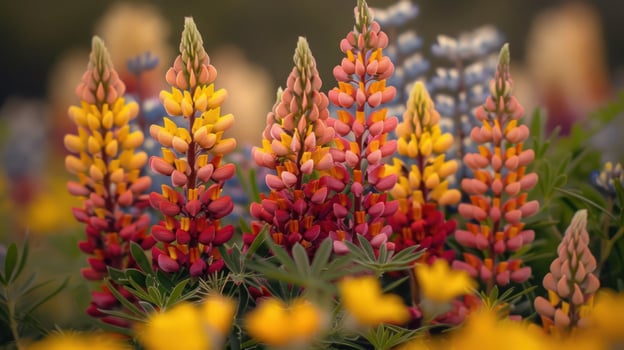 A vibrant display of blooming lupine flowers in various colors amidst green foliage. photo
