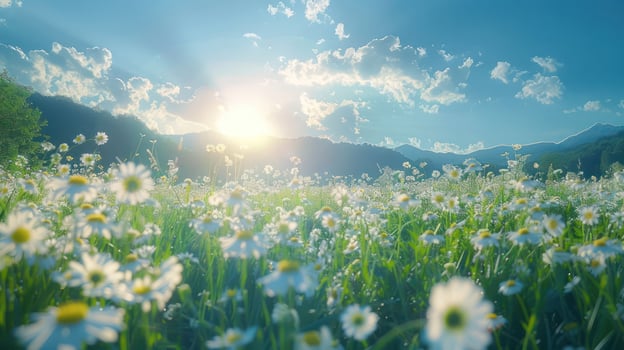 A serene landscape featuring a field of daisies under a bright sky with distant mountains. photo