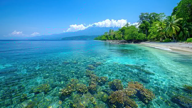 A serene beach scene with clear waters, coral reefs, and lush greenery under a blue sky. photo