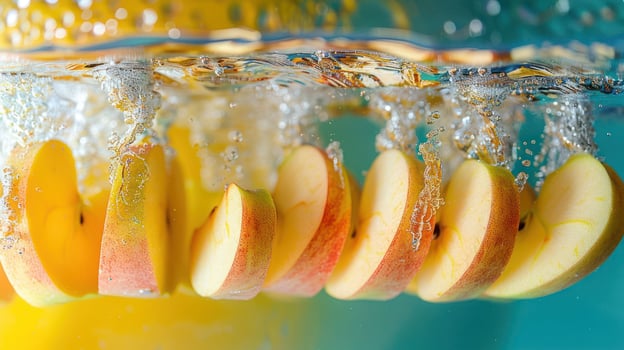 Slices of apple submerged in water, creating bubbles and a vibrant background. photo