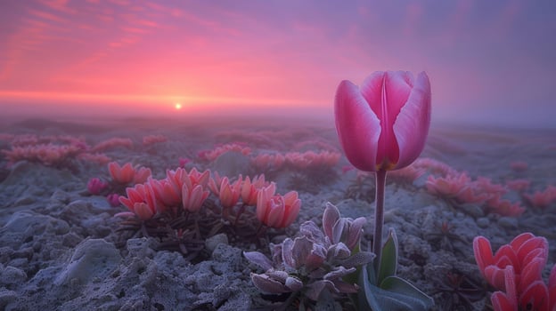 A serene landscape featuring pink tulips against a vibrant sunrise. photo