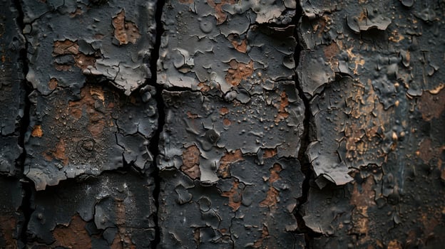 Close-up of weathered, peeling paint revealing rust and texture. photo