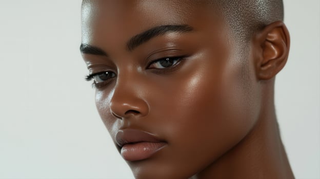 A close up of a woman with a shaved head photo
