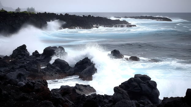 A dramatic coastal scene with waves crashing against rocky shores under a gray sky. photo