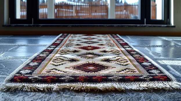 A decorative rug laid on a stone floor, leading to a window with a snowy outdoor view. photo