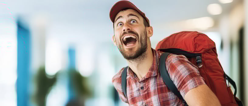A man with a backpack and a surprised look photo