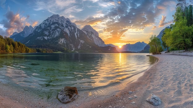 A serene lakeside view at sunset, featuring mountains and a sandy shore. photo