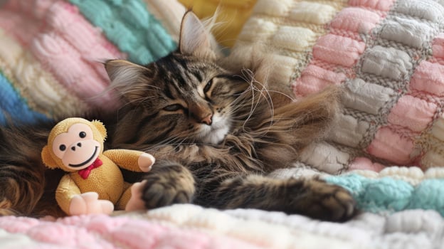 A cozy cat resting beside a plush monkey toy on a colorful quilt. photo