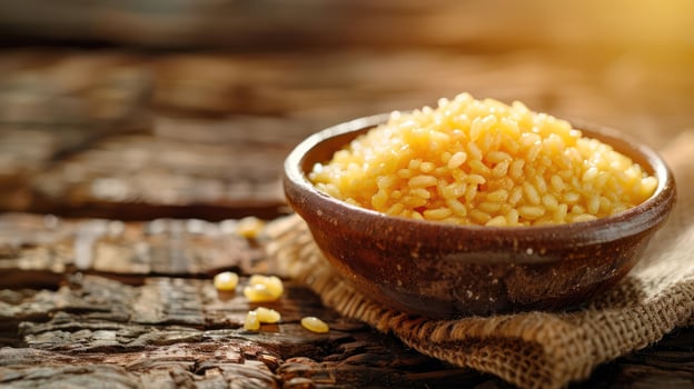 A bowl of yellow rice on a rustic wooden surface, showcasing natural ingredients. photo