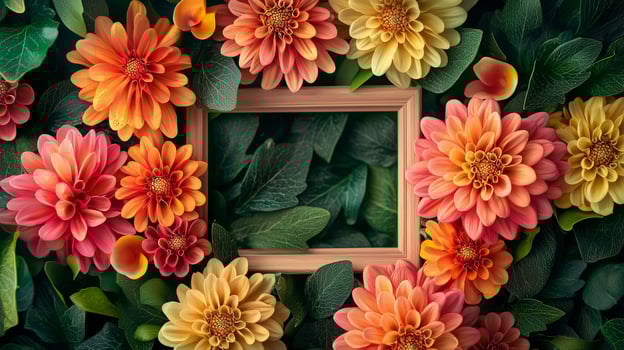 Colorful flowers and leaves surround a frame with an empty frame photo