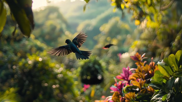 A bird flying over a lush green forest photo