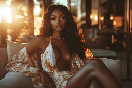 Fashion model posing on sofa in golden hour light photo