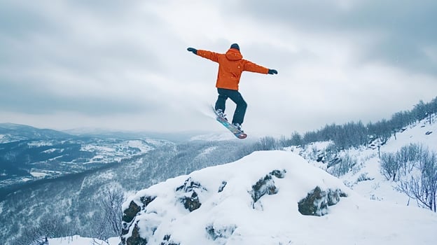 Snowboarder jumping from snowy mountain cliff in winter photo
