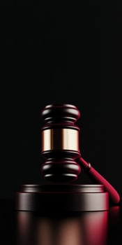 Dark Wooden Gavel on Black Background Symbolizing Justice and Authority photo