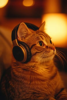 Chill Vibes Cat Enjoying Music with Headphones in Warm Lighting photo