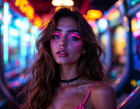 Portrait of a beautiful young woman in a night club with neon lights. Neon Nights photo