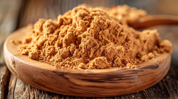 A mound of brown sugar on a wooden plate, showcasing its texture and color. photo